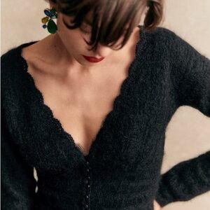 Sezane Black Scalloped V-Neck Mohair Cardigan